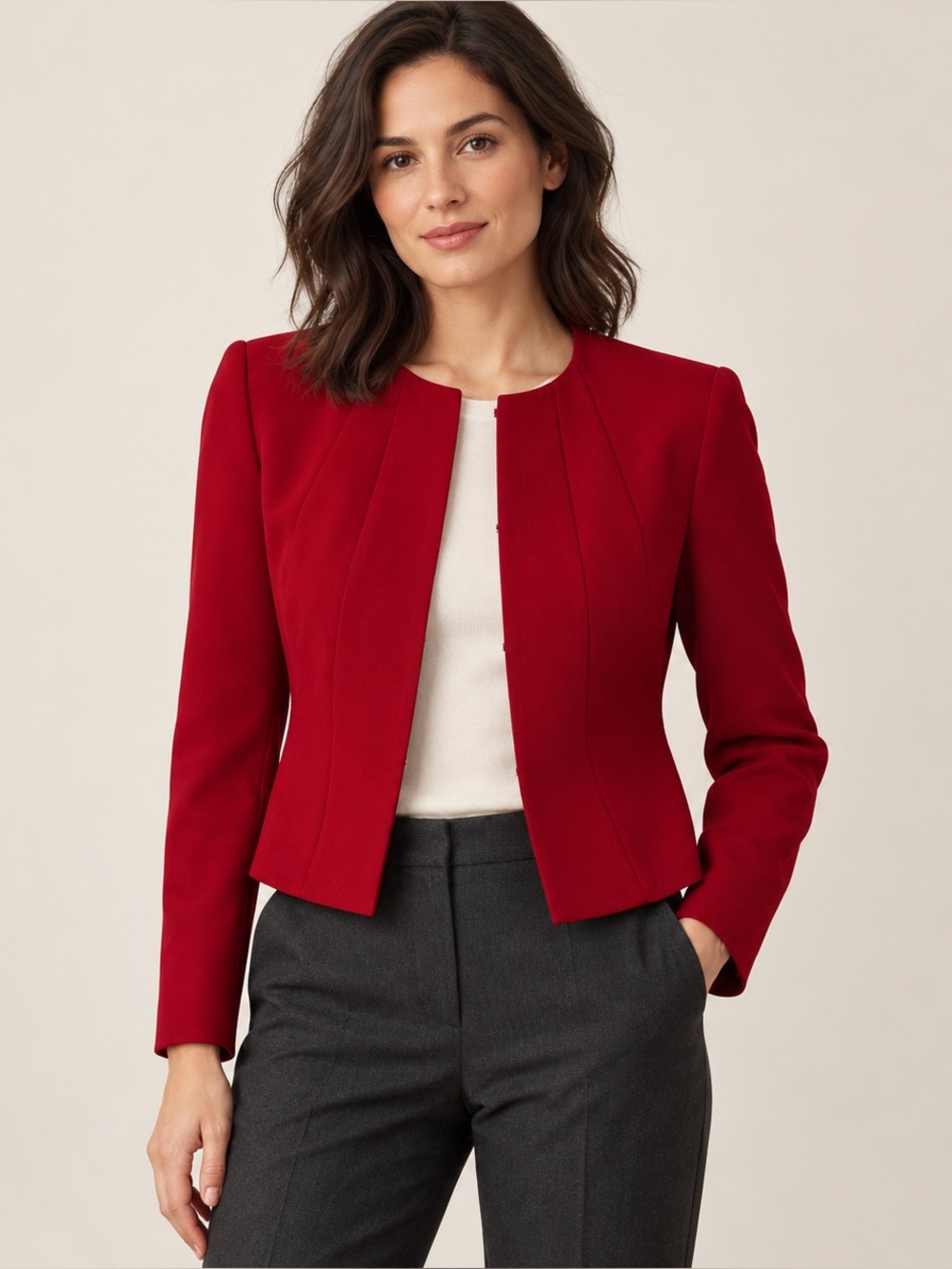 HUGO BOSS Deep Red Cropped Collarless Blazer Size 2 Gold Hardware